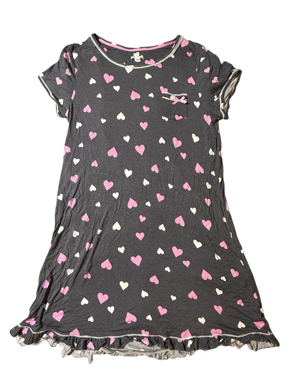 Layla 1X Plus Size Sleep Shirt Nightgown Heart Print Ruffle Hem Mesh Trim Soft